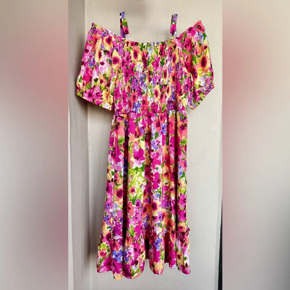 The Childrens Place Off Shoulder Short Sleeve Dress Pink & Yellow Floral 10/12 - Picture 15 of 16